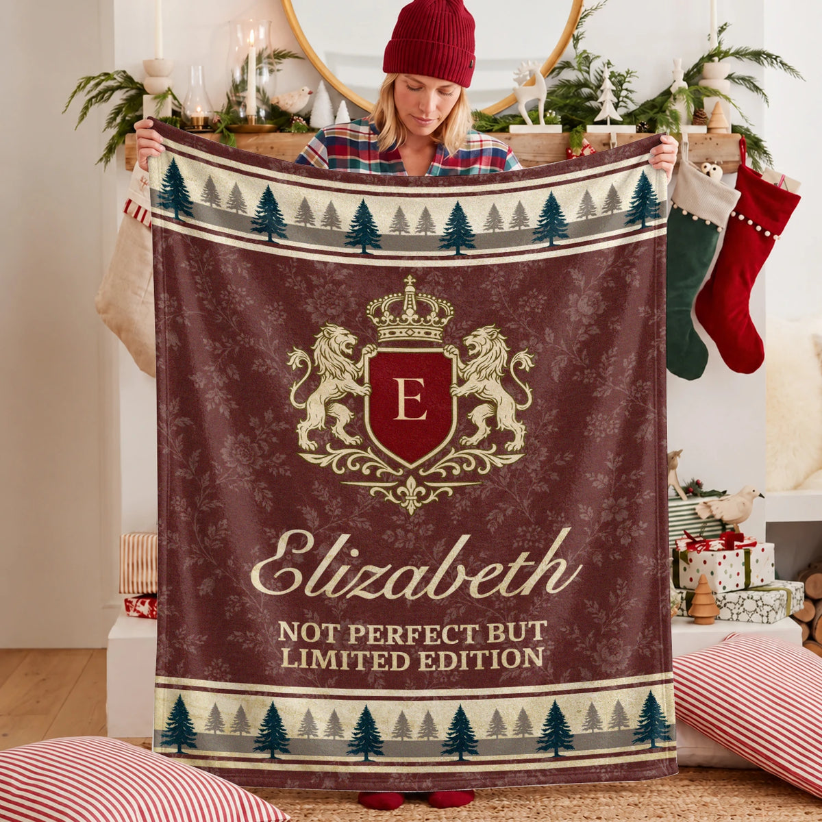 Not Perfect But Limited Edition Burgundy Pine Tree Fleece Blanket ELIZABETH 13K1 BK41