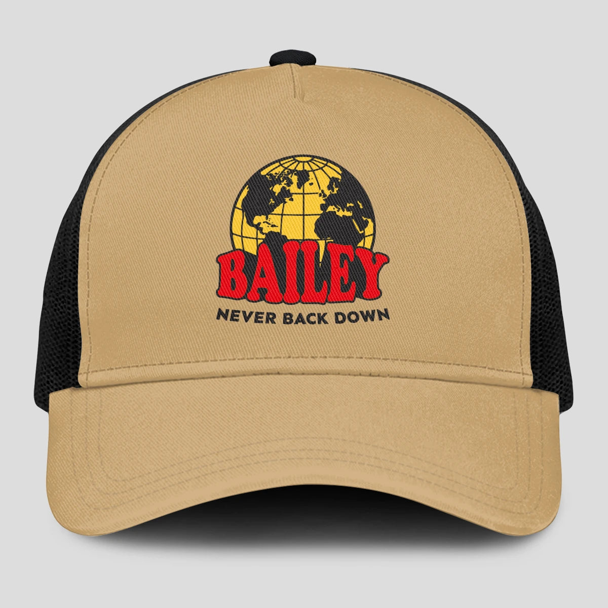 Never Back Down World Logo Khaki Mesh Cap BAILEY 13K1 C212PF