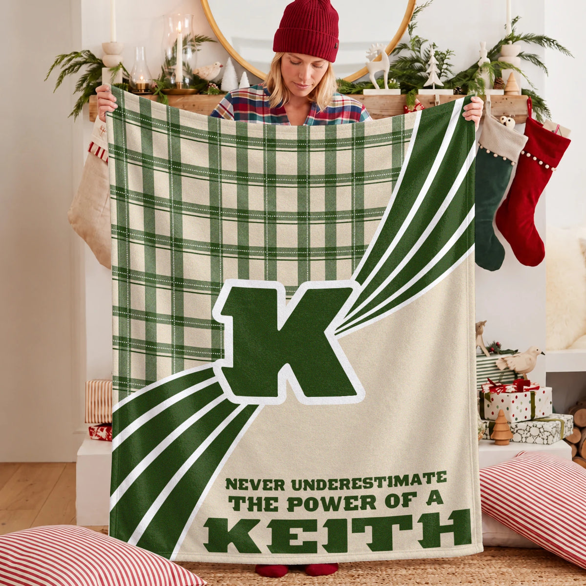 Never Underestimate Your Name Green & Cream Plaid Fleece Blanket KEITH 13K1 BK50