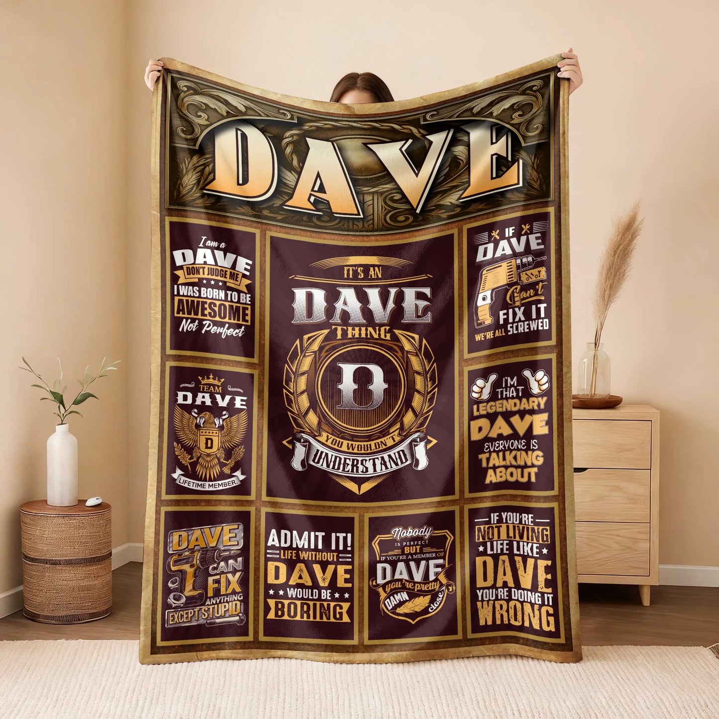 DAVE Personalized Blanket | Custom Name Cozy Throw Gift 13K1-BK4