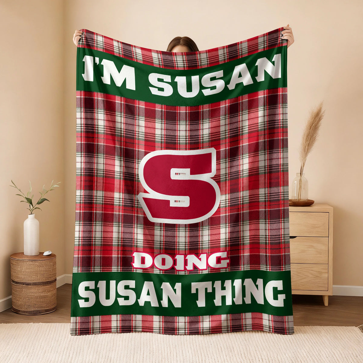I'm Name Doing Name Things Red Plaid Fleece Blanket SUSAN 13K1 BK49