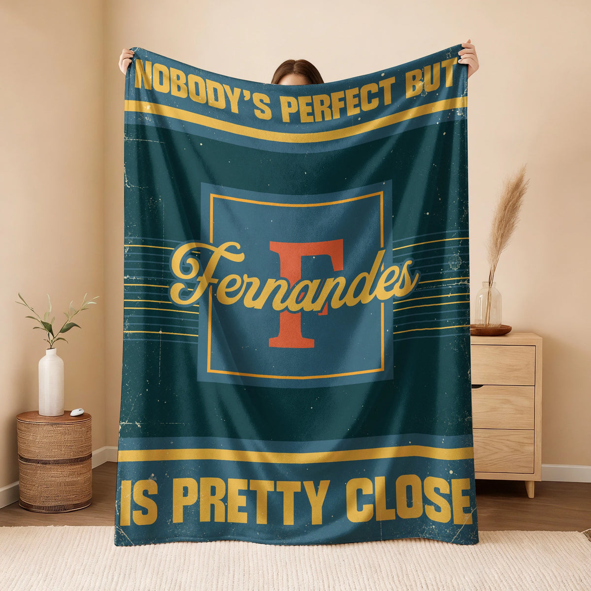 Nobody's Perfect But Your Name Is Close Vintage Blue & Brown Fleece Blanket FERNANDES 13K1 BK54