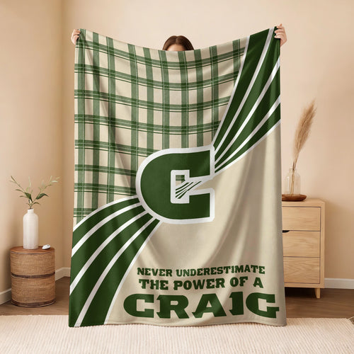 Never Underestimate Your Name Green & Cream Plaid Fleece Blanket CRAIG 13K1 BK50