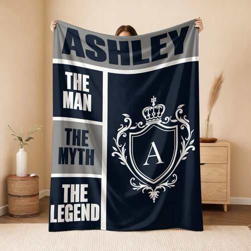 The Man The Myth The Legend Navy Gray & Gold Fleece Blanket  ASHLEY 13K1 BK09