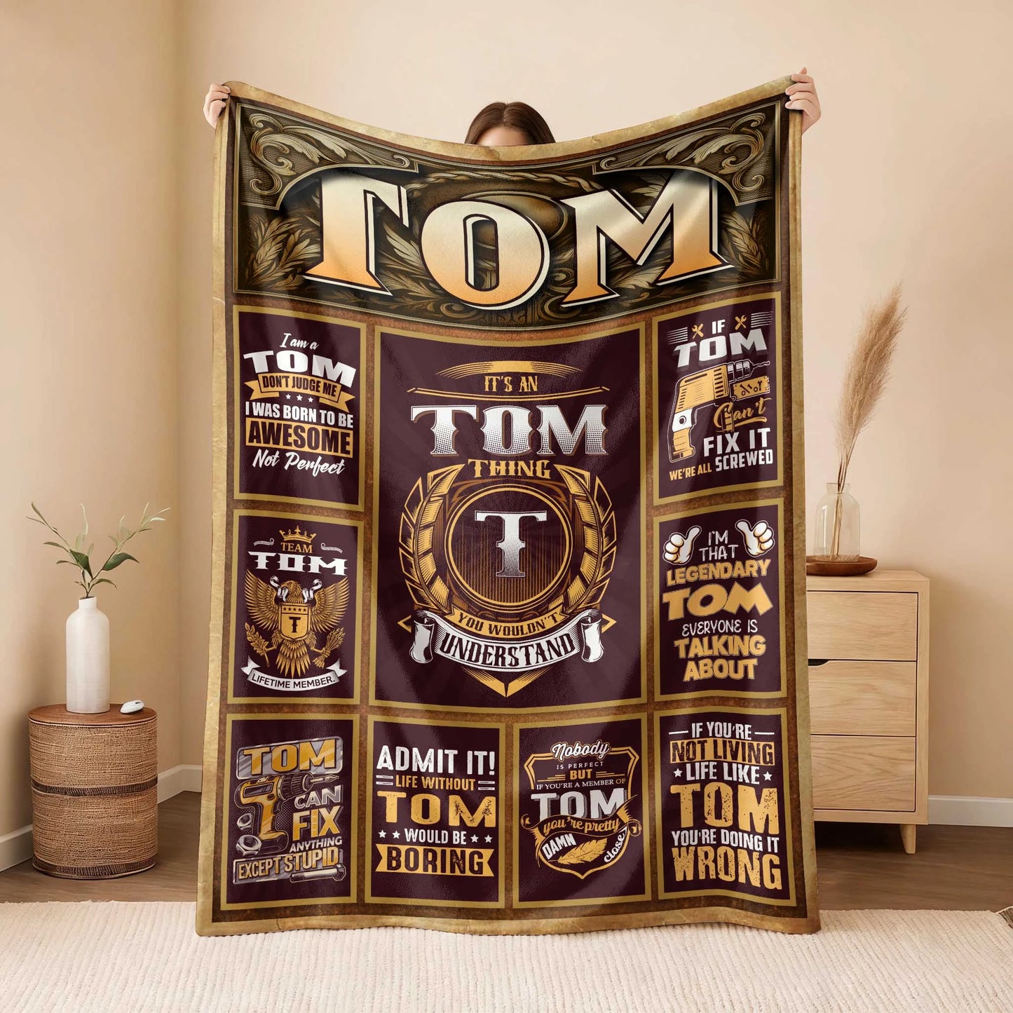 TOM Personalized Blanket | Custom Name Cozy Throw Gift 13K1-BK4