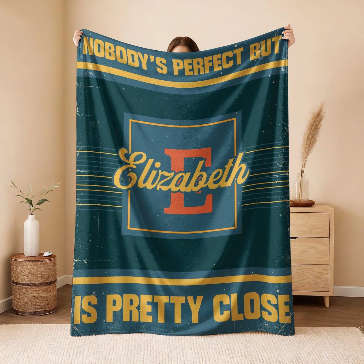 Nobody's Perfect But Your Name Is Close Vintage Blue & Brown Fleece Blanket ELIZABETH 13K1 BK54