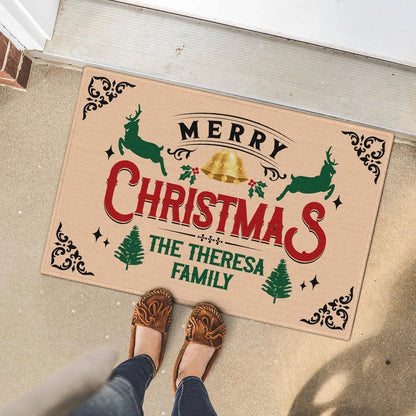 THERESA Family Merry Christmas Doormat – Personalized Holiday Welcome Mat