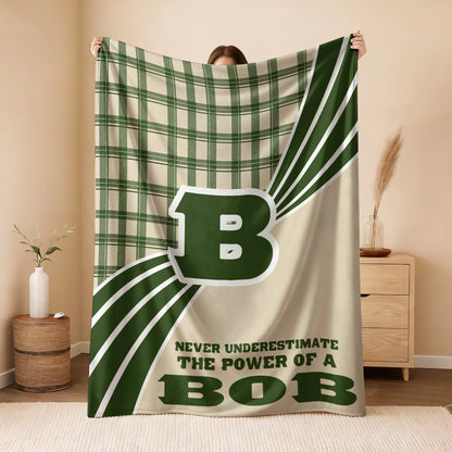 Never Underestimate Your Name Green & Cream Plaid Fleece Blanket BOB 13K1 BK50