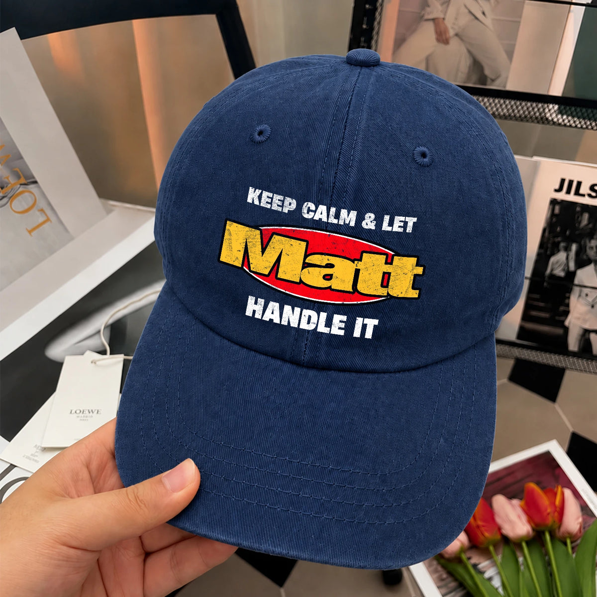Keep Calm & Let Your Name Handle It Yellow And Red Logo Washed Cap MATT 13K1 C172PF