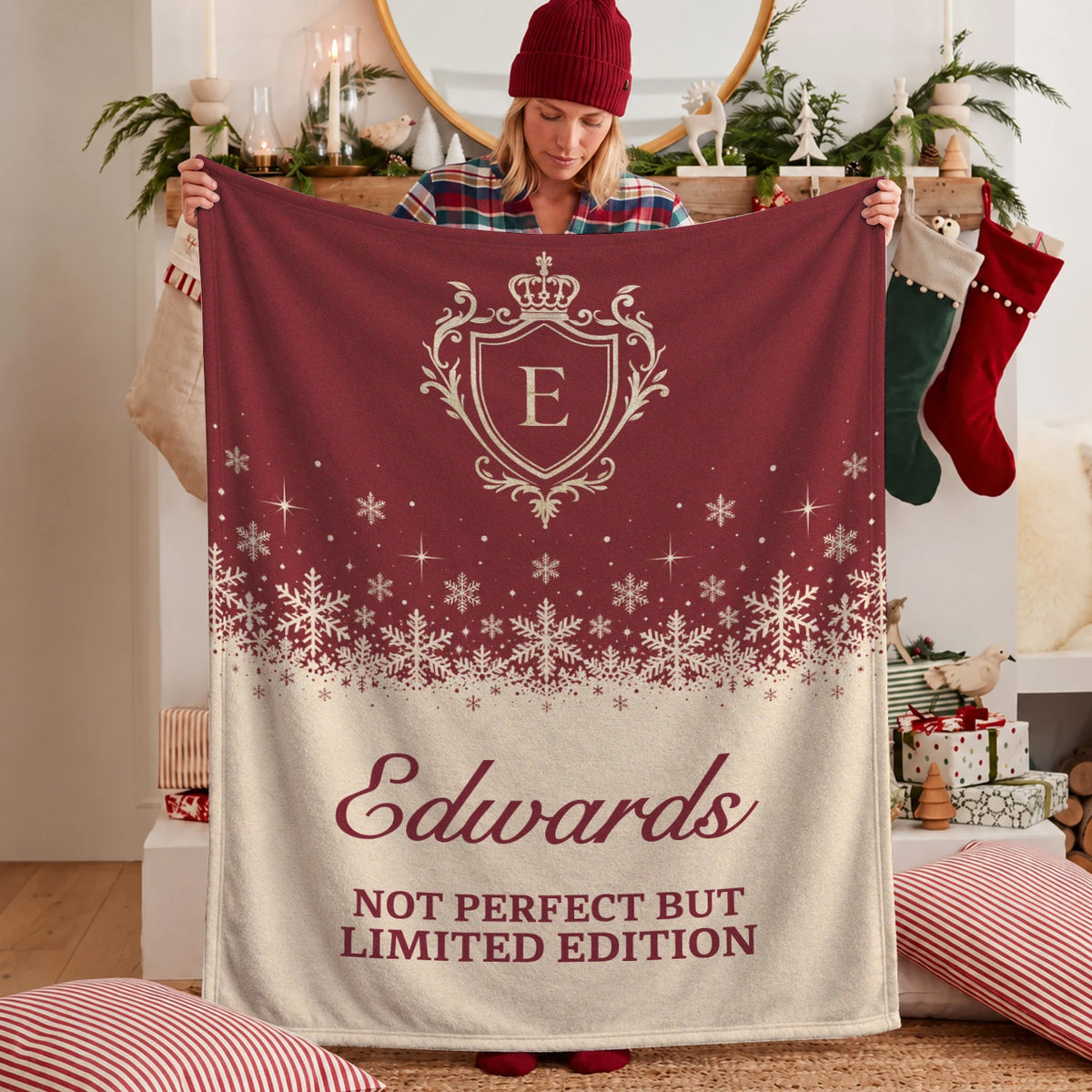 Not Perfect But Limited Edition Red Cream Christmas Fleece Blanket EDWARDS 13K1 BK34