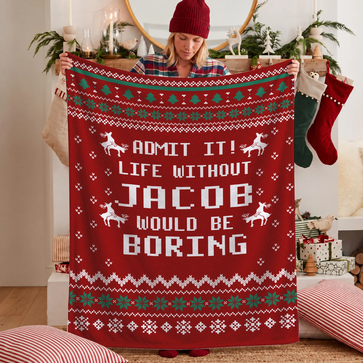 Life Without Your Name Would Be Boring Deer Red Christmas Blanket JACOB 13K1 BK25