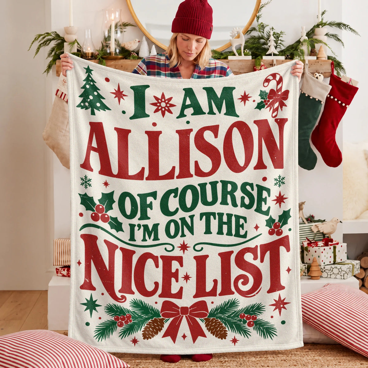 I'm Name Of Course I'm On The Nice List Cream Christmas Fleece Blanket ALLISON 13K1 BK59