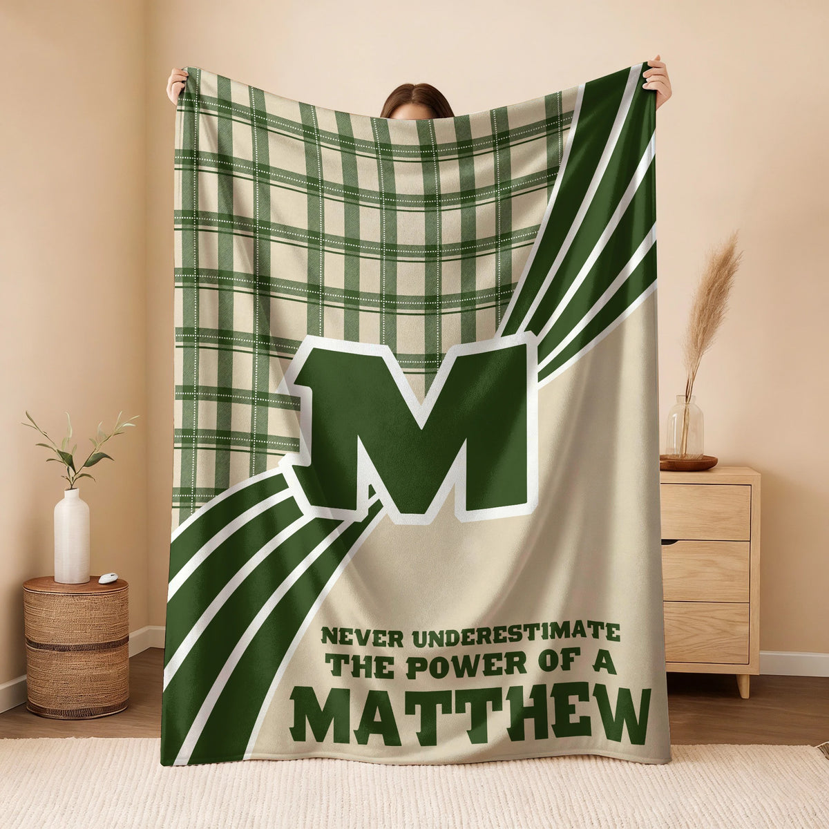 Never Underestimate Your Name Green & Cream Plaid Fleece Blanket MATTHEW 13K1 BK50