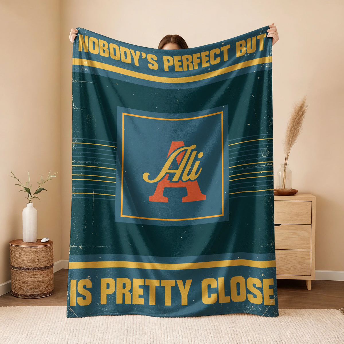 Nobody's Perfect But Your Name Is Close Vintage Blue & Brown Fleece Blanket ALI 13K1 BK54