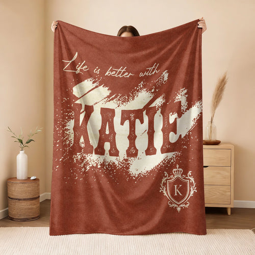Life Is Better With Your Name Terracotta Cream Fleece Blanket KATIE 13K1 BK30