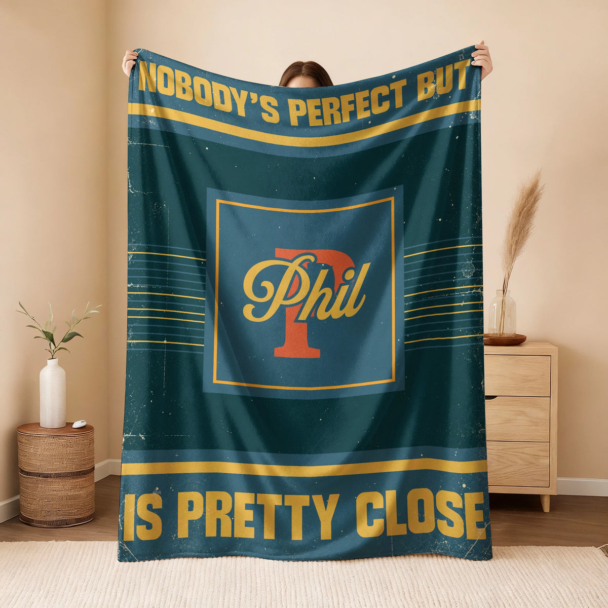 Nobody's Perfect But Your Name Is Close Vintage Blue & Brown Fleece Blanket PHIL 13K1 BK54
