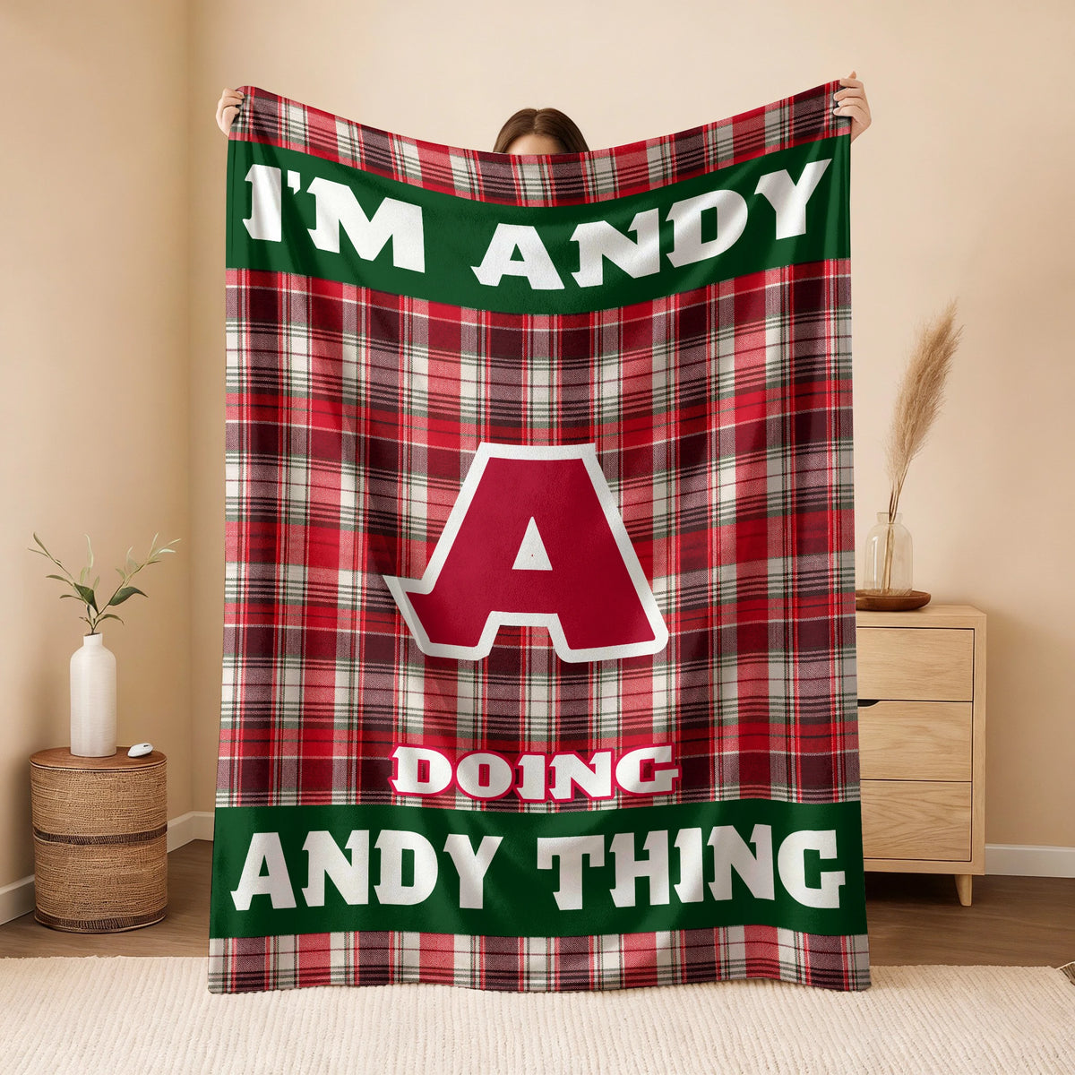 I'm Name Doing Name Things Red Plaid Fleece Blanket ANDY 13K1 BK49