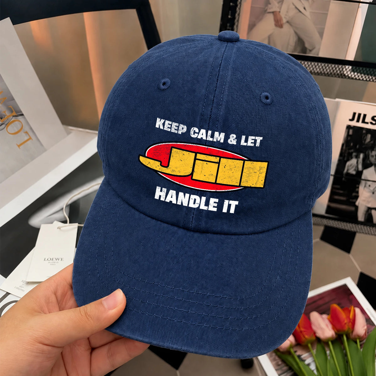 Keep Calm & Let Your Name Handle It Yellow And Red Logo Washed Cap JILL 13K1 C172PF