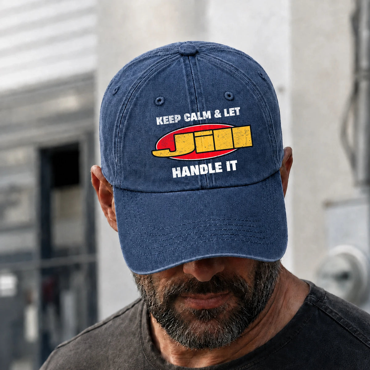 Keep Calm & Let Your Name Handle It Yellow And Red Logo Washed Cap JILL 13K1 C172PF