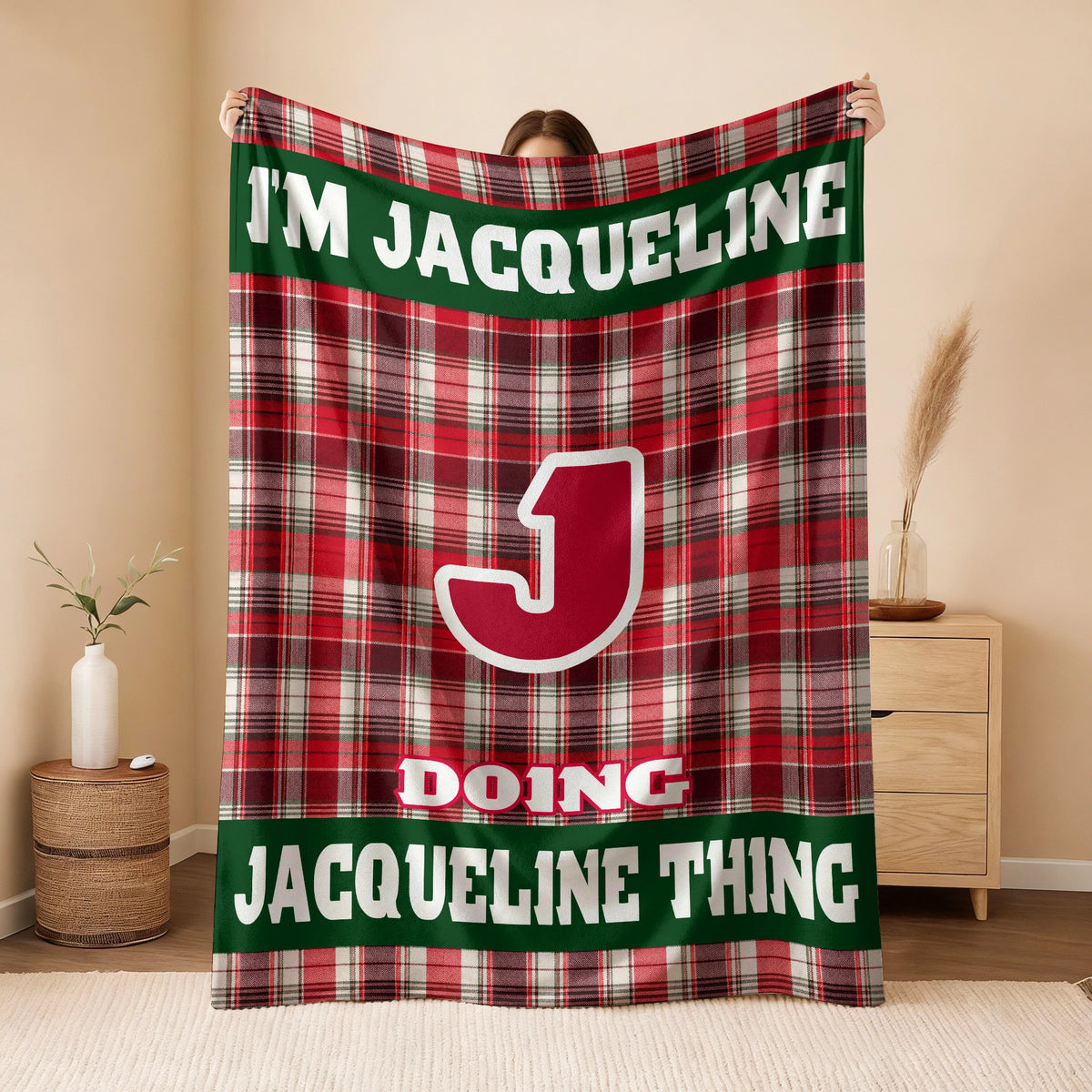 I'm Name Doing Name Things Red Plaid Fleece Blanket JACQUELINE 13K1 BK49