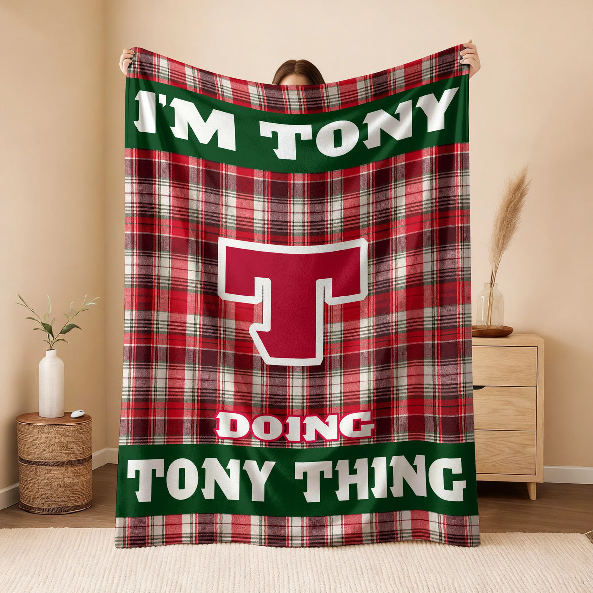 I'm Name Doing Name Things Red Plaid Fleece Blanket TONY 13K1 BK49