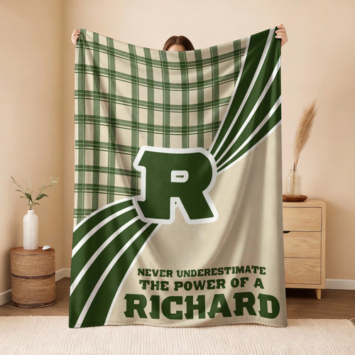 Never Underestimate Your Name Green & Cream Plaid Fleece Blanket RICHARD 13K1 BK50