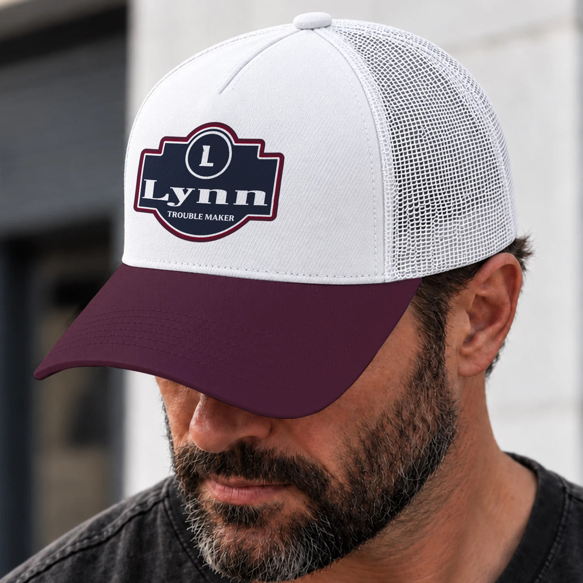Trouble Maker Burgundy And White Funny Mesh Cap LYNN 13K1 C201PF