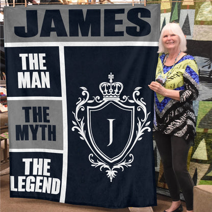 The Man The Myth The Legend Navy Gray & Gold Fleece Blanket  JAMES 13K1 BK09