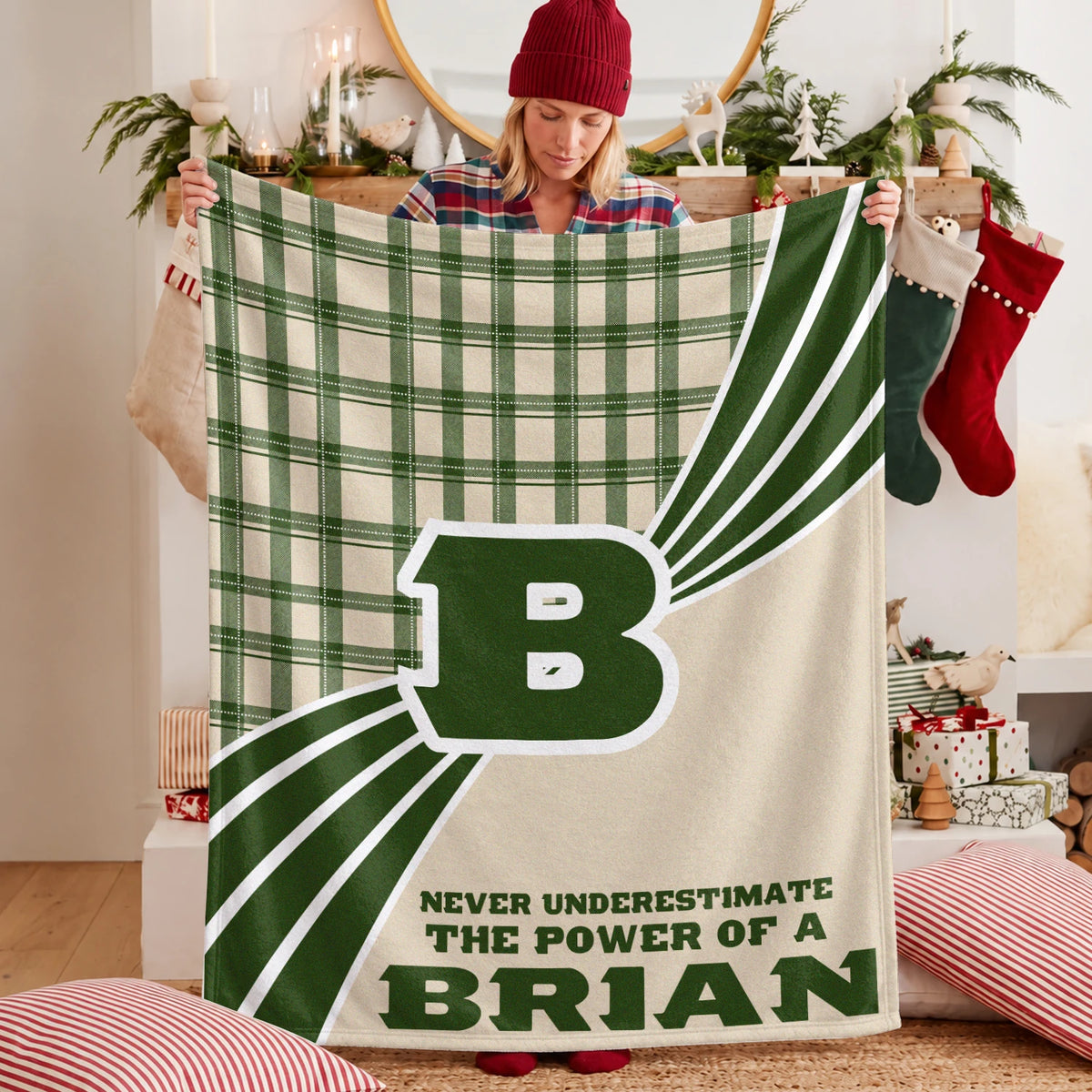 Never Underestimate Your Name Green & Cream Plaid Fleece Blanket BRIAN 13K1 BK50