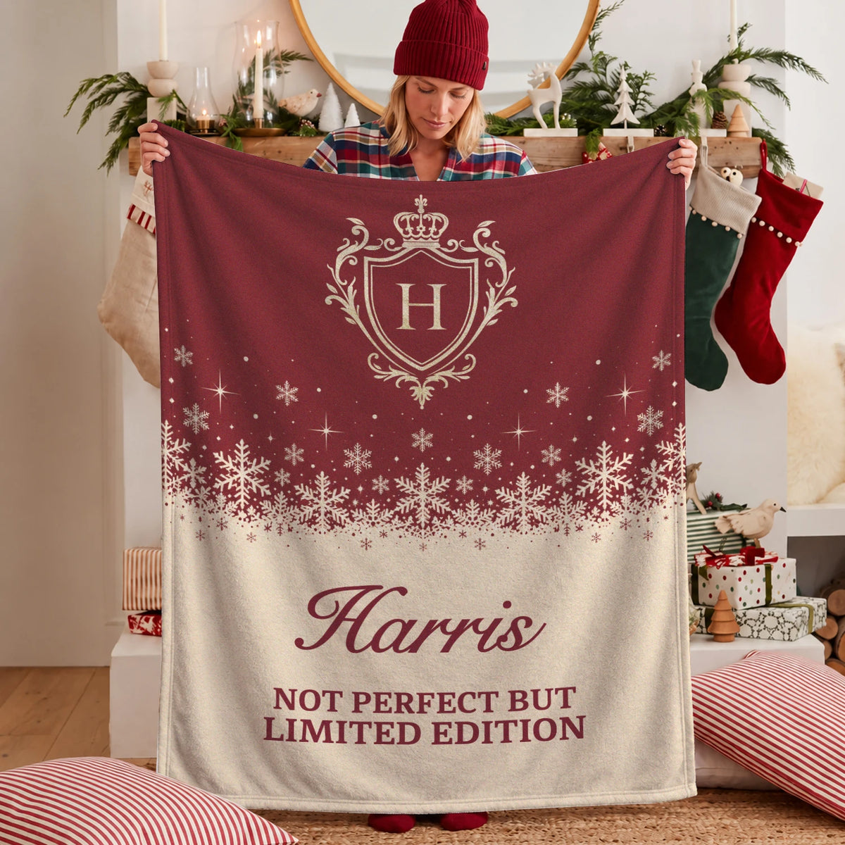 Not Perfect But Limited Edition Red Cream Christmas Fleece Blanket HARRIS 13K1 BK34