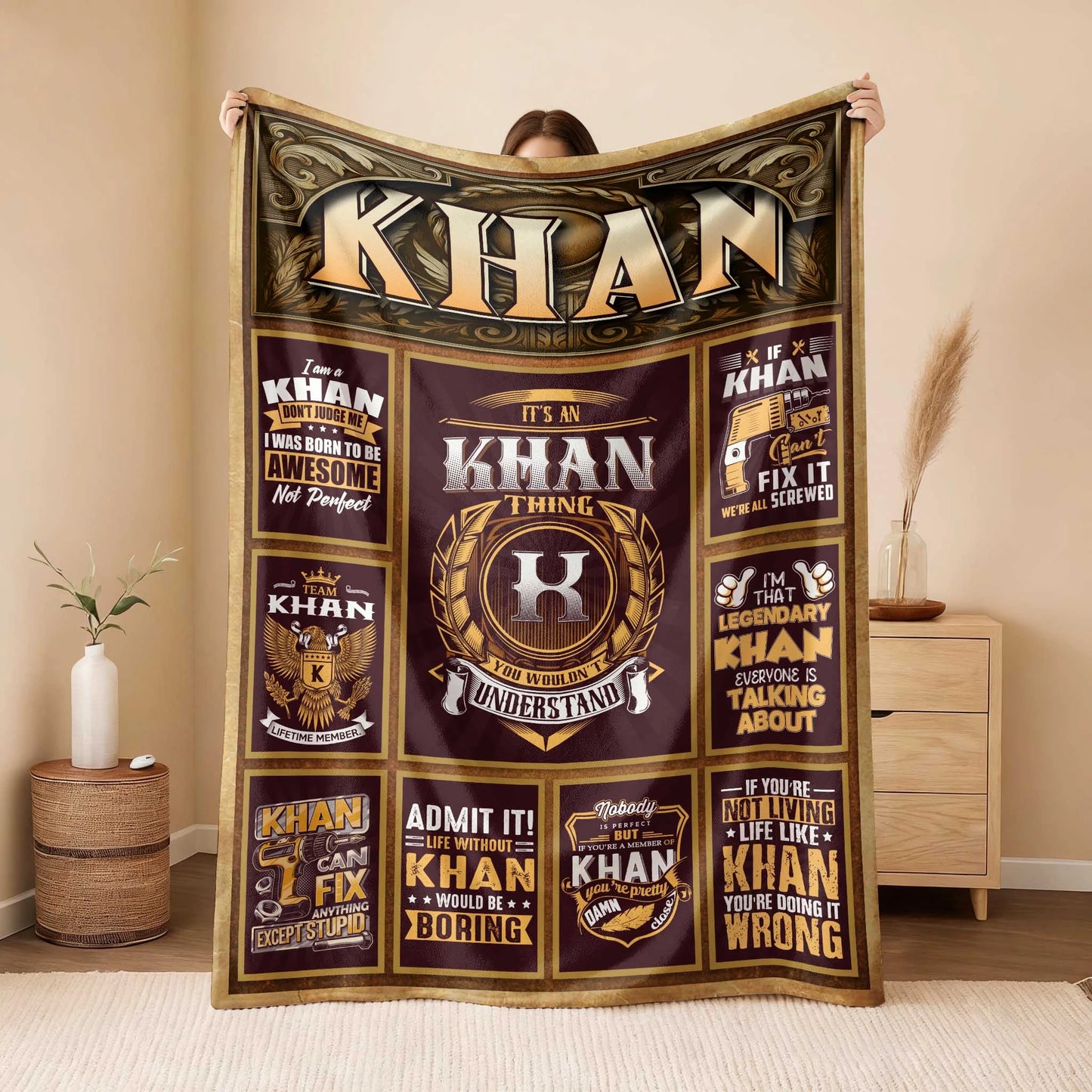 KHAN Personalized Blanket | Custom Name Cozy Throw Gift 13K1-BK4