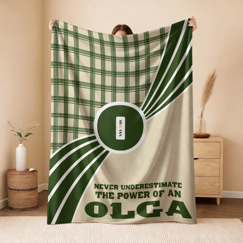 Never Underestimate Your Name Green & Cream Plaid Fleece Blanket OLGA 13K1 BK50
