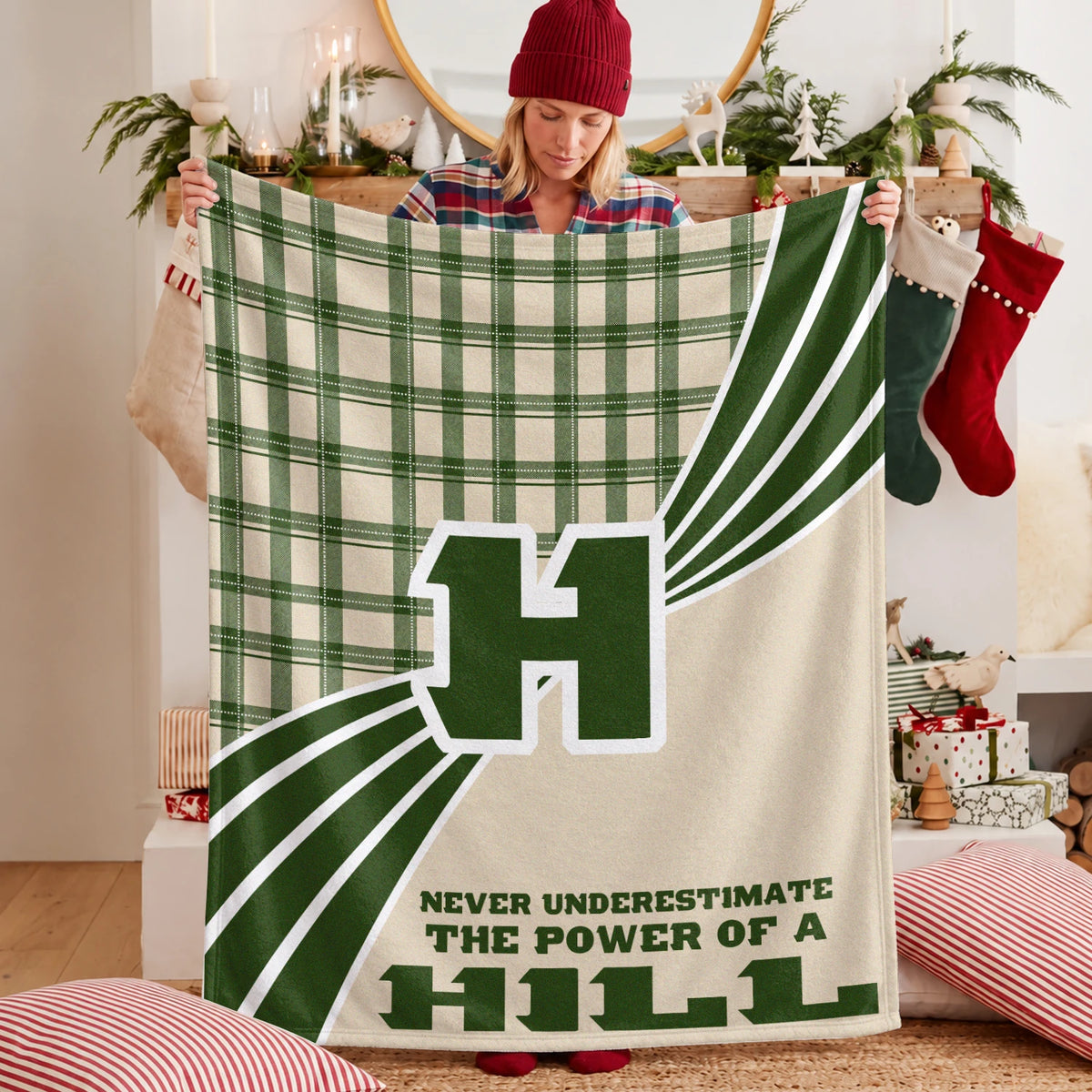 Never Underestimate Your Name Green & Cream Plaid Fleece Blanket HILL 13K1 BK50