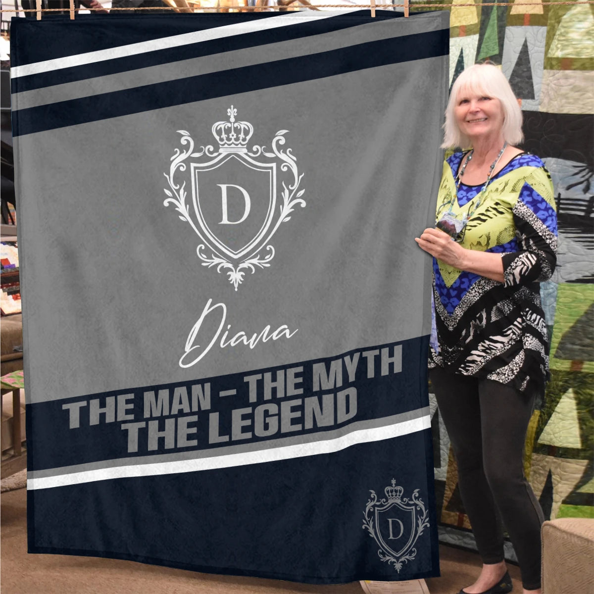 The Man The Myth The Legend Navy Gray Fleece Blanket DIANA 13K1 BK13