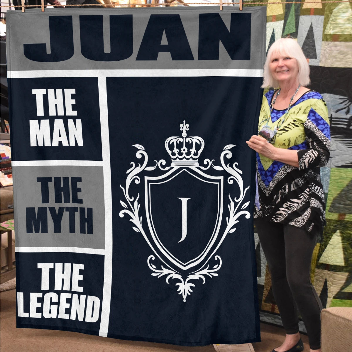The Man The Myth The Legend Navy Gray & Gold Fleece Blanket  JUAN 13K1 BK09
