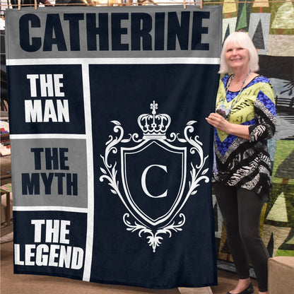 The Man The Myth The Legend Navy Gray & Gold Fleece Blanket  CATHERINE 13K1 BK09