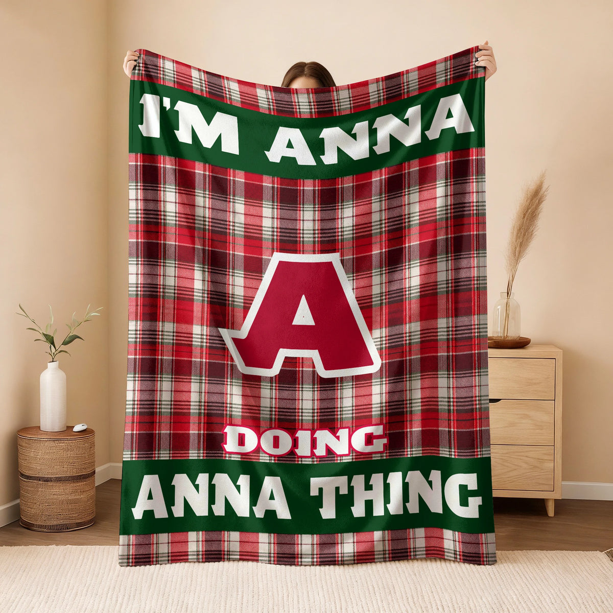 I'm Name Doing Name Things Red Plaid Fleece Blanket ANNA 13K1 BK49