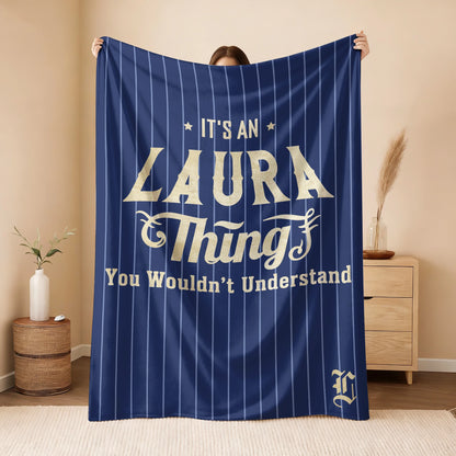 Your Name Thing Striped Blue Fleece Blanket LAURA 13K1 BK23