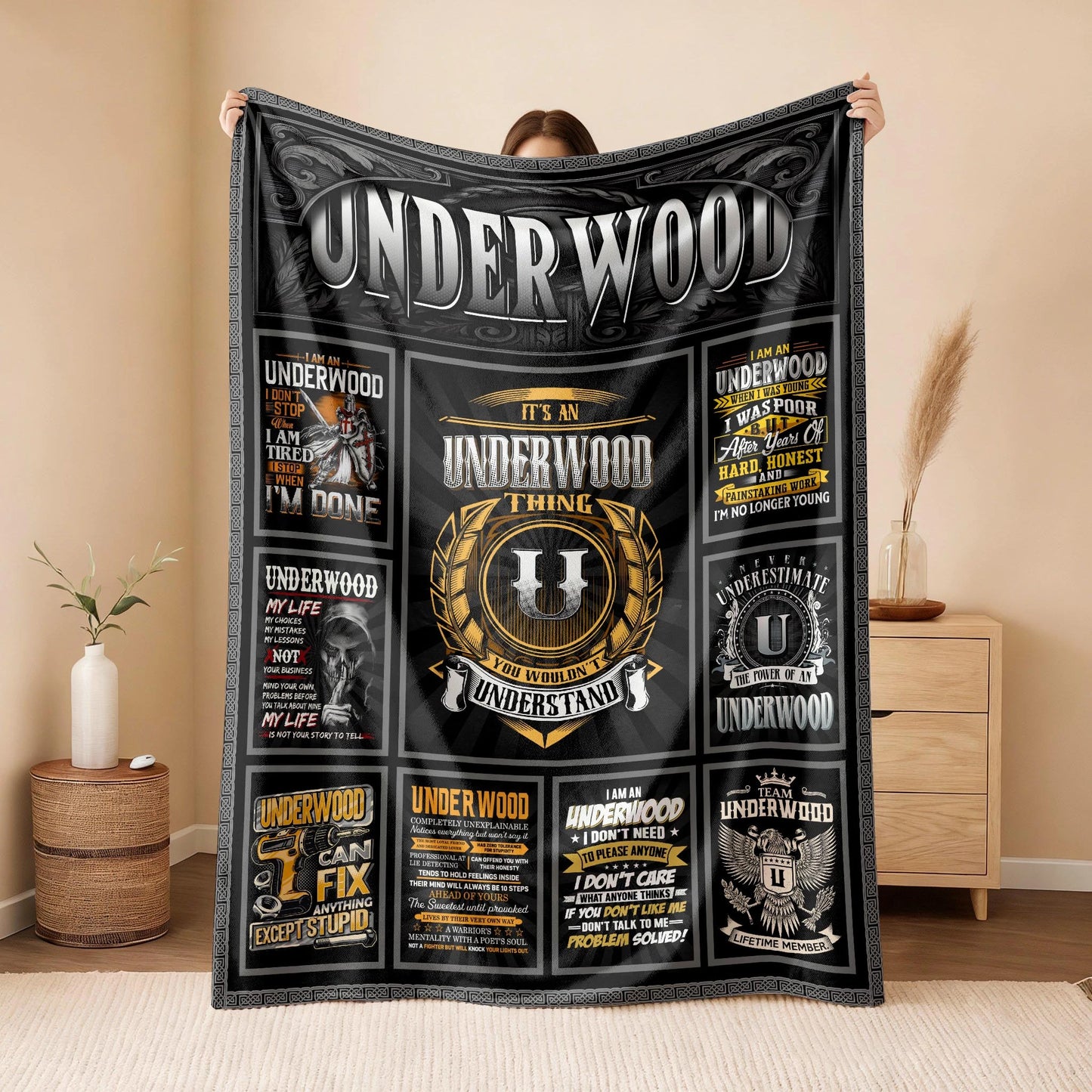 UNDERWOOD Personalized Blanket | Custom Name Cozy Throw Gift 13K4-BK2