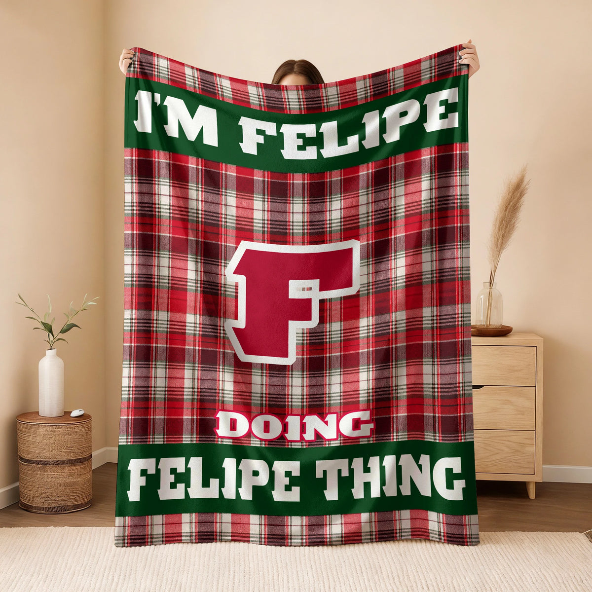 I'm Name Doing Name Things Red Plaid Fleece Blanket FELIPE 13K1 BK49