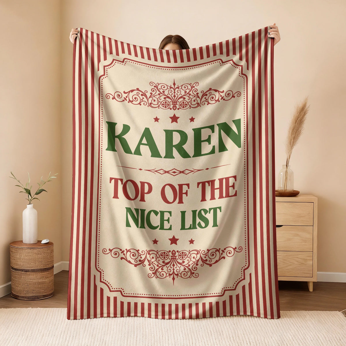 Your Name Nice List Red Striped Christmas Fleece Blanket KAREN 13K1 BK60