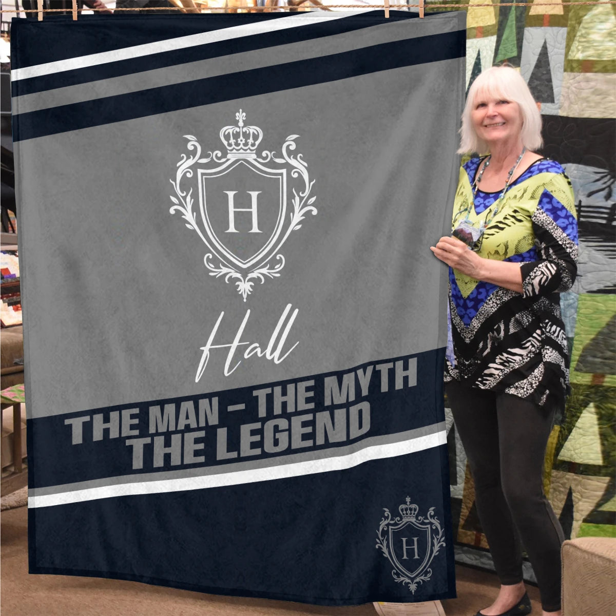 The Man The Myth The Legend Navy Gray Fleece Blanket HALL 13K1 BK13