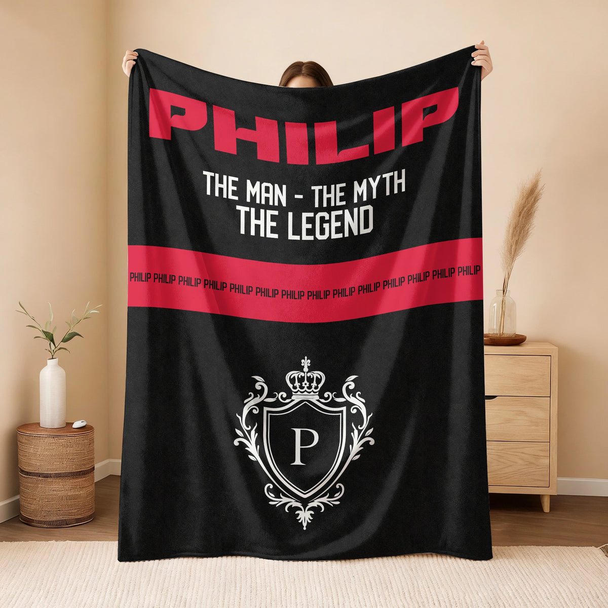 The Man The Myth The Legend Black Red Fleece Blanket PHILIP 13K1 BK14