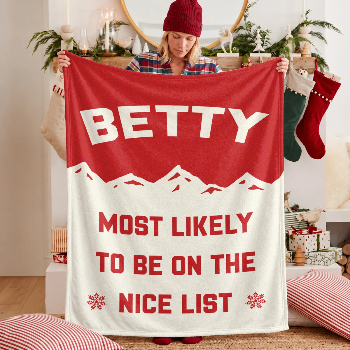 Most Likely on the Nice List Red Vintage Christmas Fleece Blanket BETTY 13K1 BK63