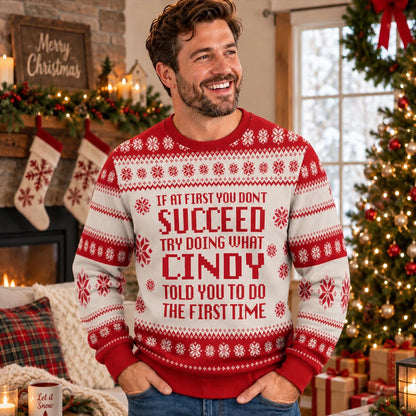 If At First You Don’t Succeed Red Cream Christmas Ugly Sweater CINDY 13K1 UG08