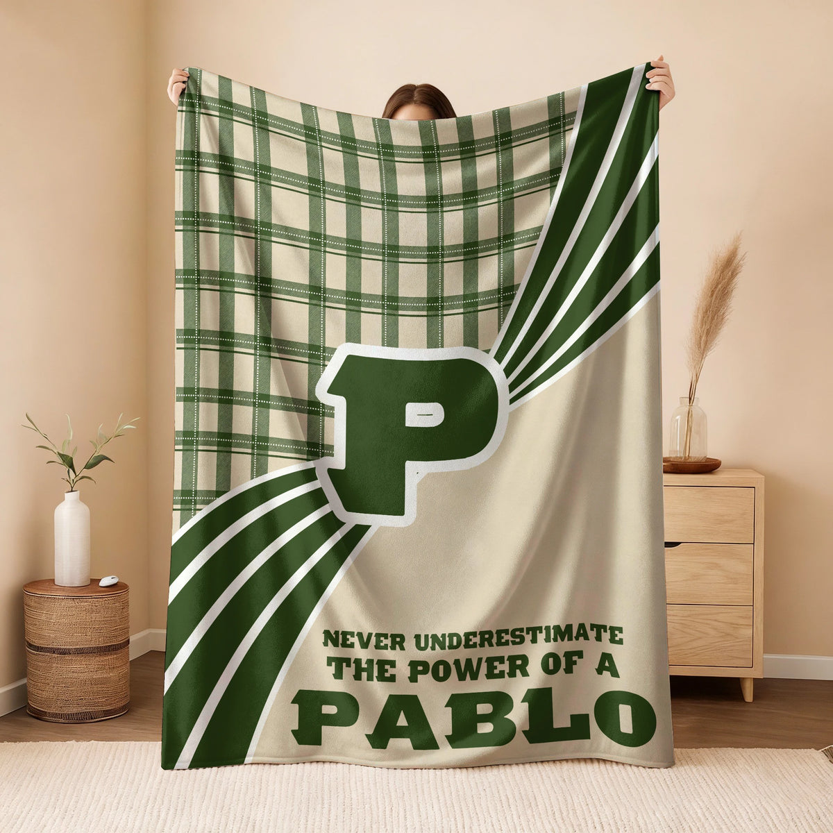 Never Underestimate Your Name Green & Cream Plaid Fleece Blanket PABLO 13K1 BK50