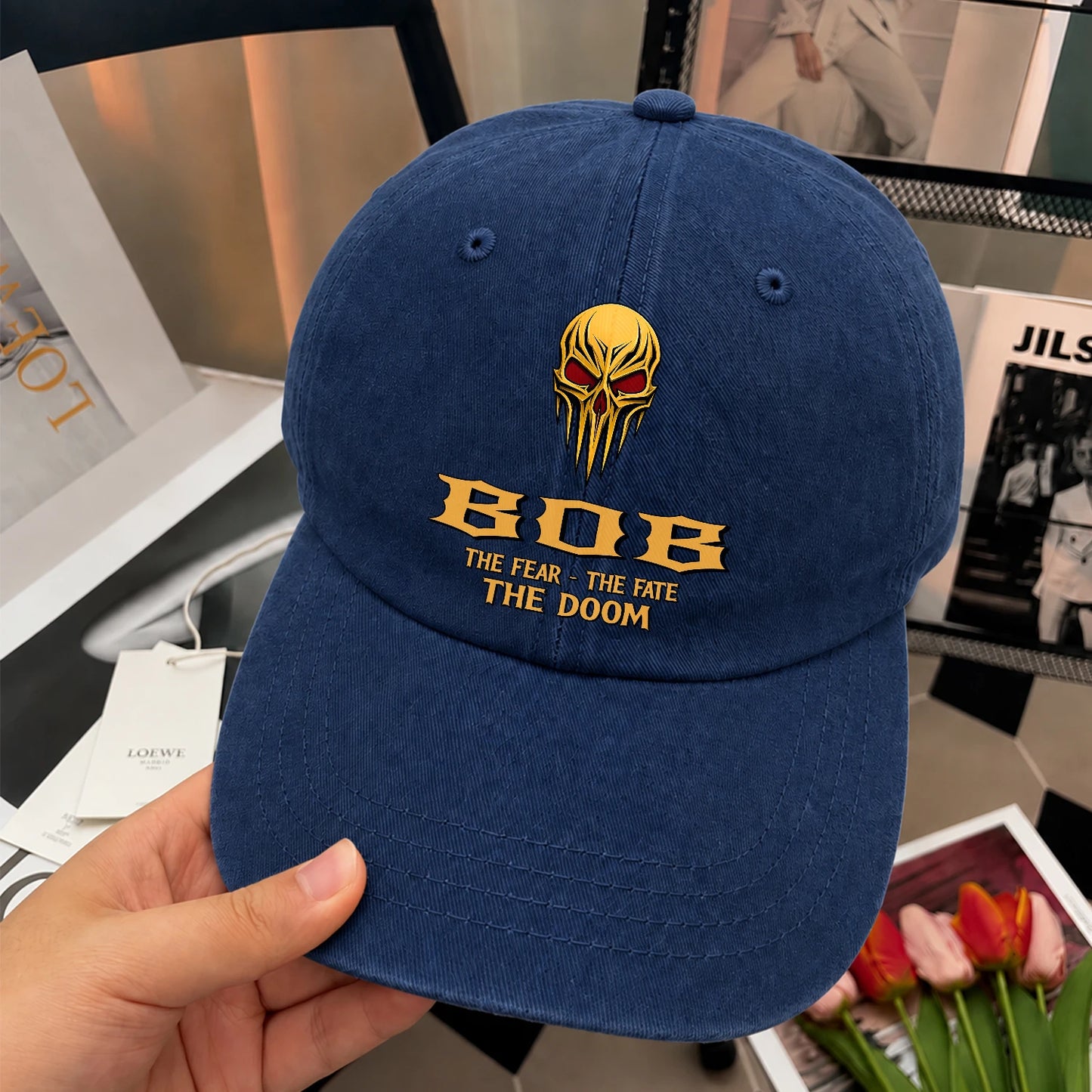 The Fear The Fate The Doom Skull Blue Washed Cap BOB 13K1 C97PF