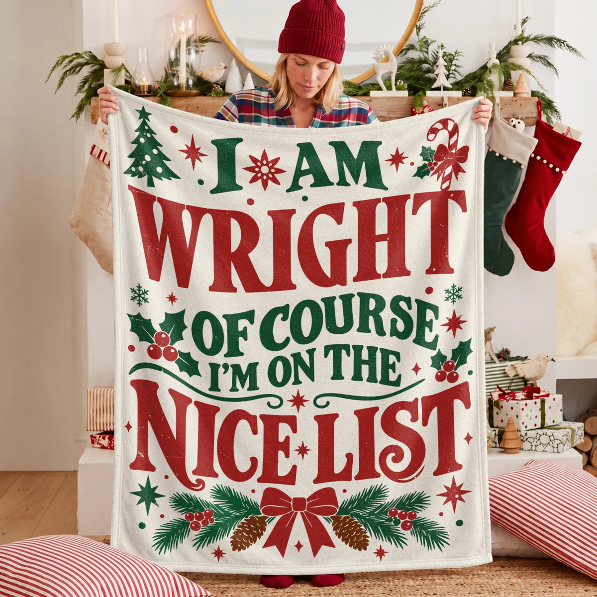 I'm Name Of Course I'm On The Nice List Cream Christmas Fleece Blanket WRIGHT 13K1 BK59