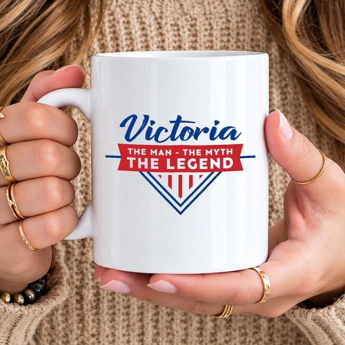 The Man The Myth The Legend Red And Blue Logo Mug VICTORIA 13K1 MG34