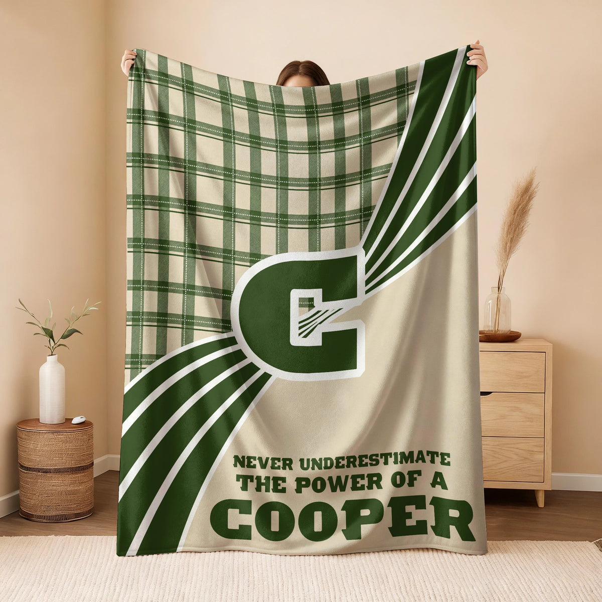 Never Underestimate Your Name Green & Cream Plaid Fleece Blanket COOPER 13K1 BK50
